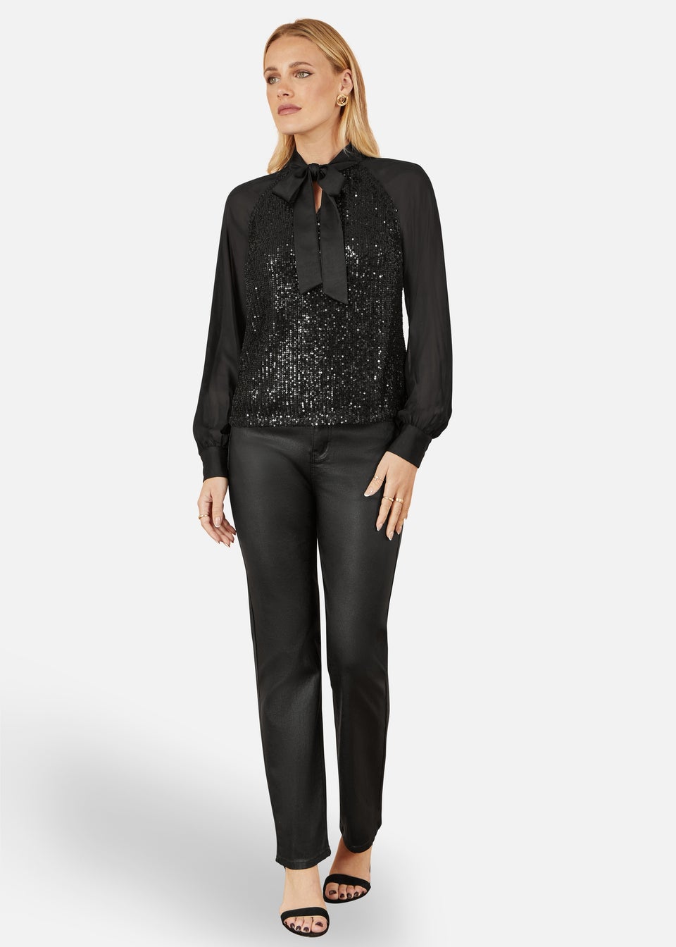 Yumi Black Sequin Pussy Bow Top