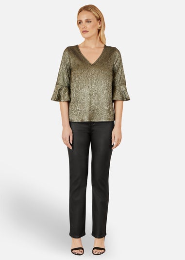 Yumi Gold Stretch Top With Fluted Sleeves