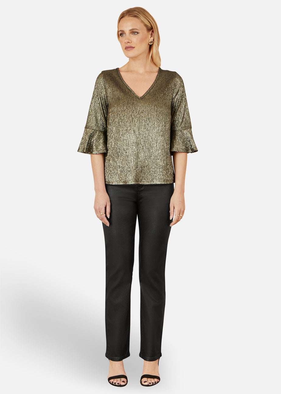 Yumi Gold Stretch Top With Fluted Sleeves