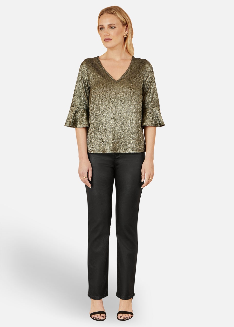 Yumi Gold Stretch Top With Fluted Sleeves