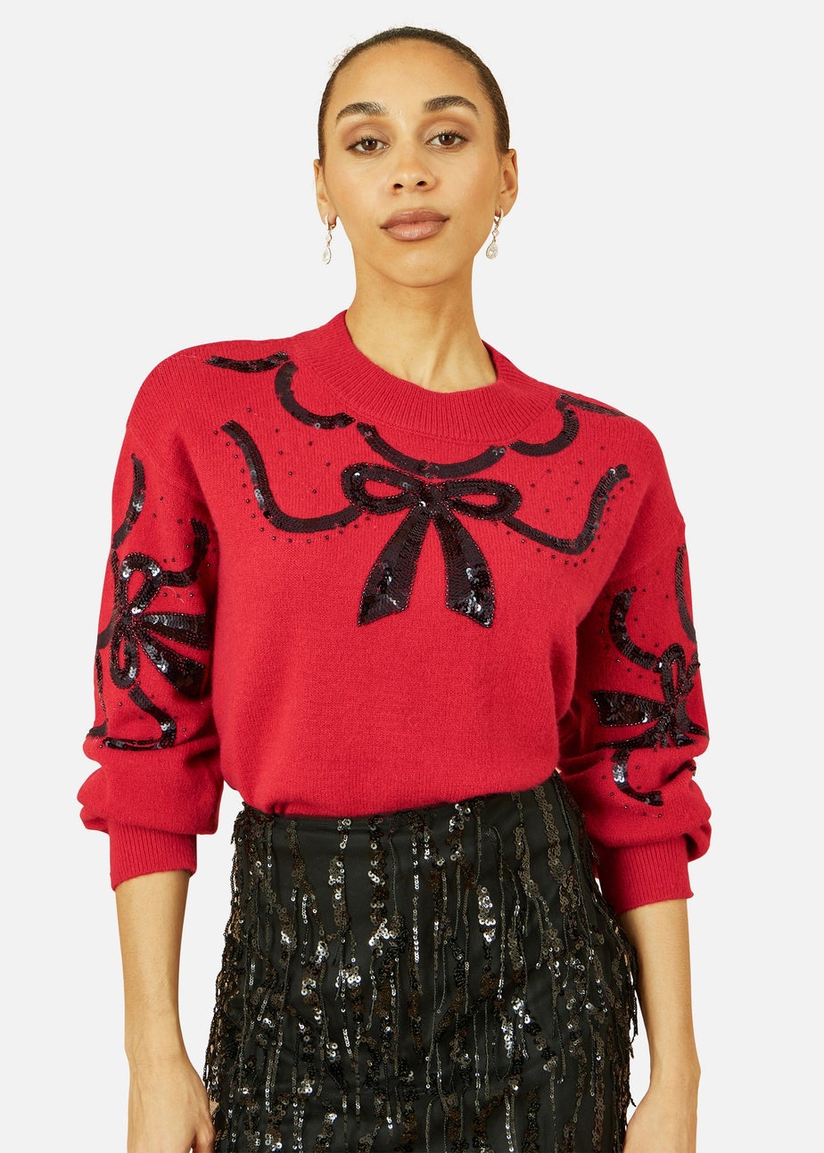 Yumi Red Sequinned Bow Neckline Jumper