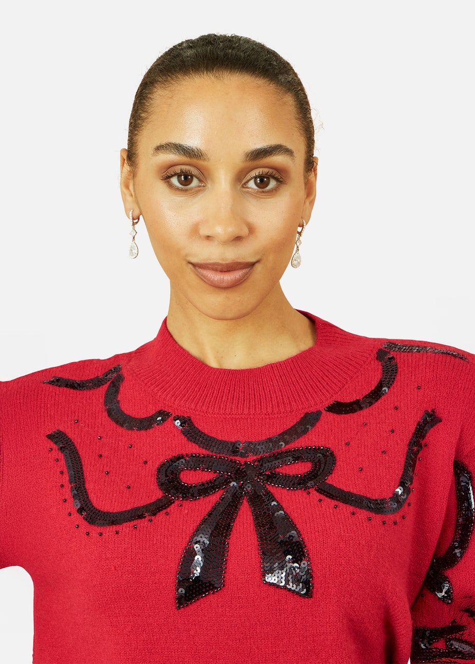 Yumi Red Sequinned Bow Neckline Jumper