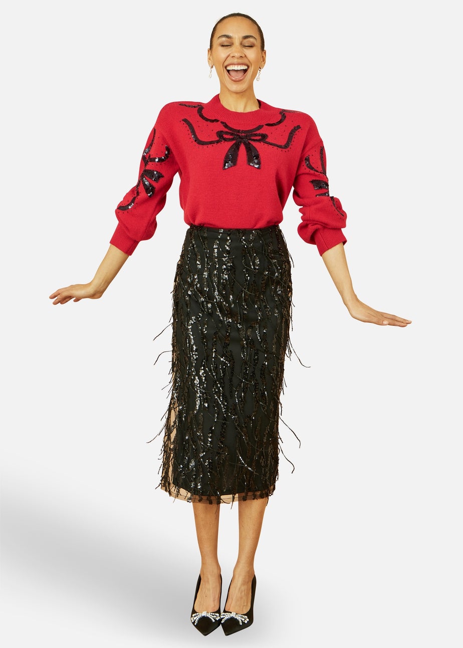 Yumi Red Sequinned Bow Neckline Jumper