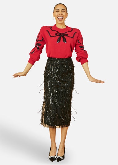 Yumi Red Sequinned Bow Neckline Jumper