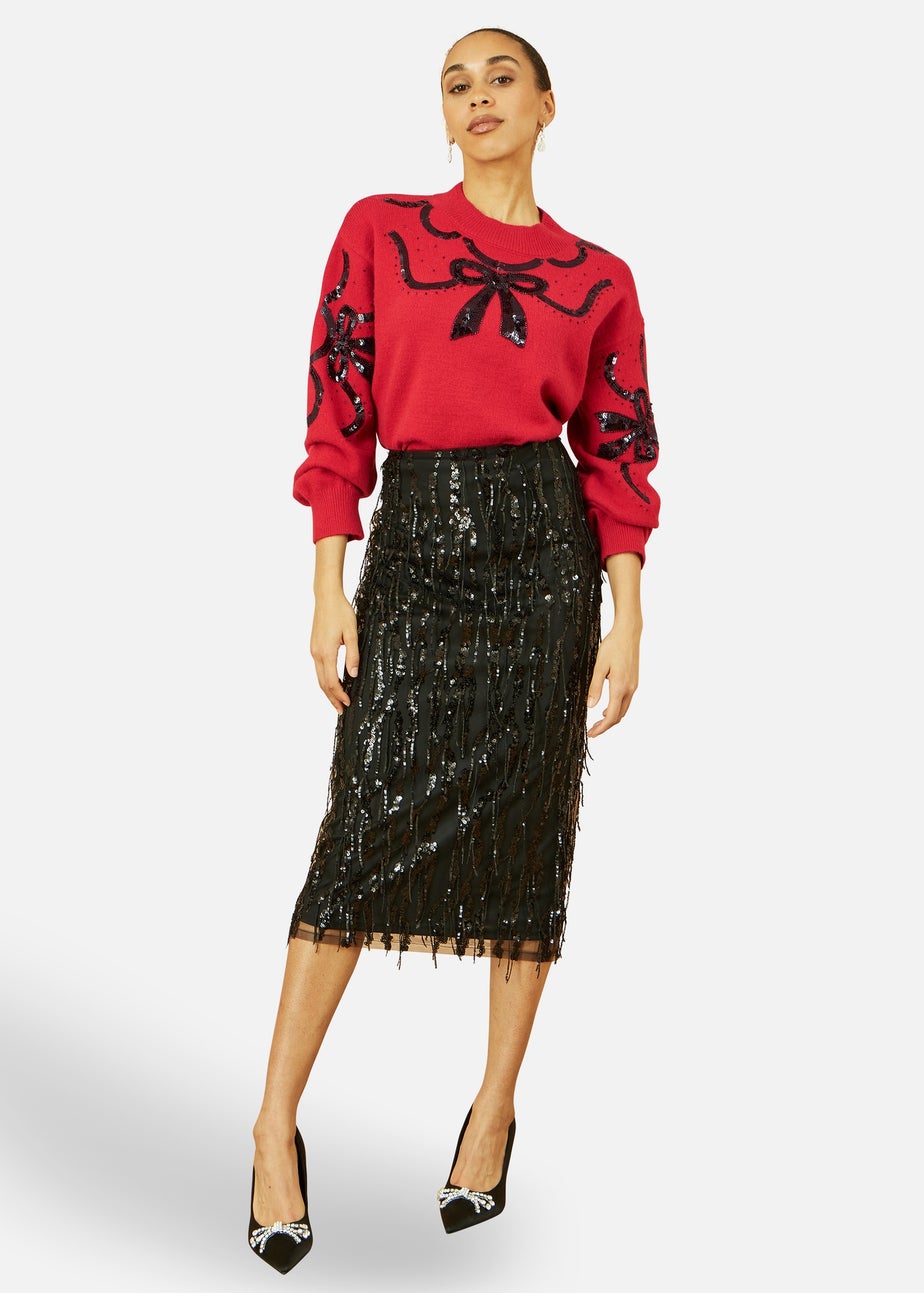 Yumi Red Sequinned Bow Neckline Jumper