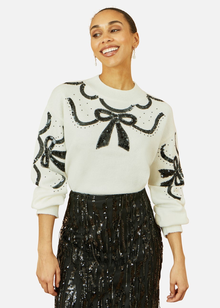 Yumi White Sequinned Bow Neckline Jumper