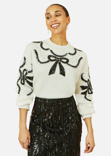 Yumi White Sequinned Bow Neckline Jumper