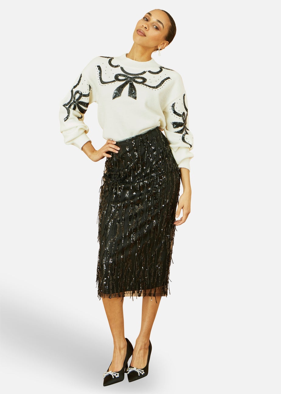 Yumi White Sequinned Bow Neckline Jumper