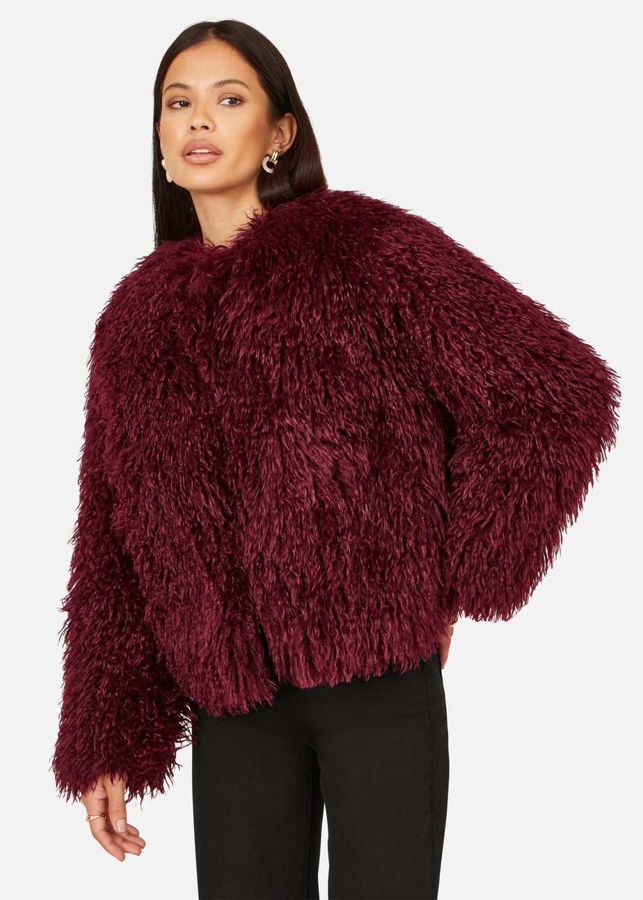 Yumi Burgundy Luxe Fluffy Faux Fur Coat