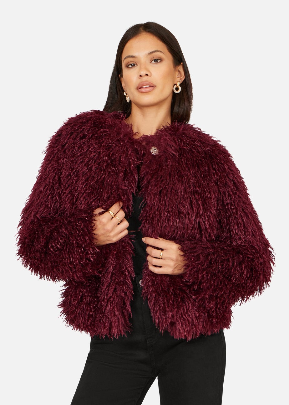 Yumi Burgundy Luxe Fluffy Faux Fur Coat