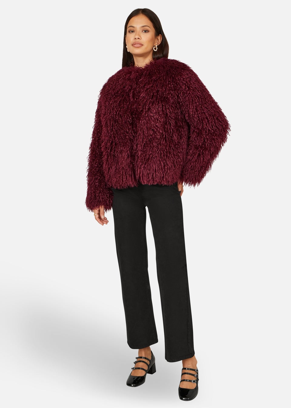 Yumi Burgundy Luxe Fluffy Faux Fur Coat