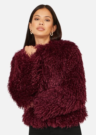 Yumi Burgundy Luxe Fluffy Faux Fur Coat
