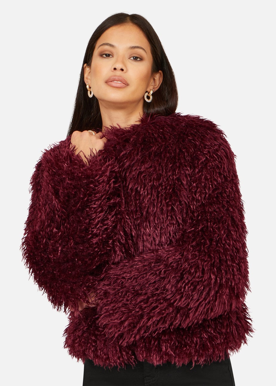 Yumi Burgundy Luxe Fluffy Faux Fur Coat