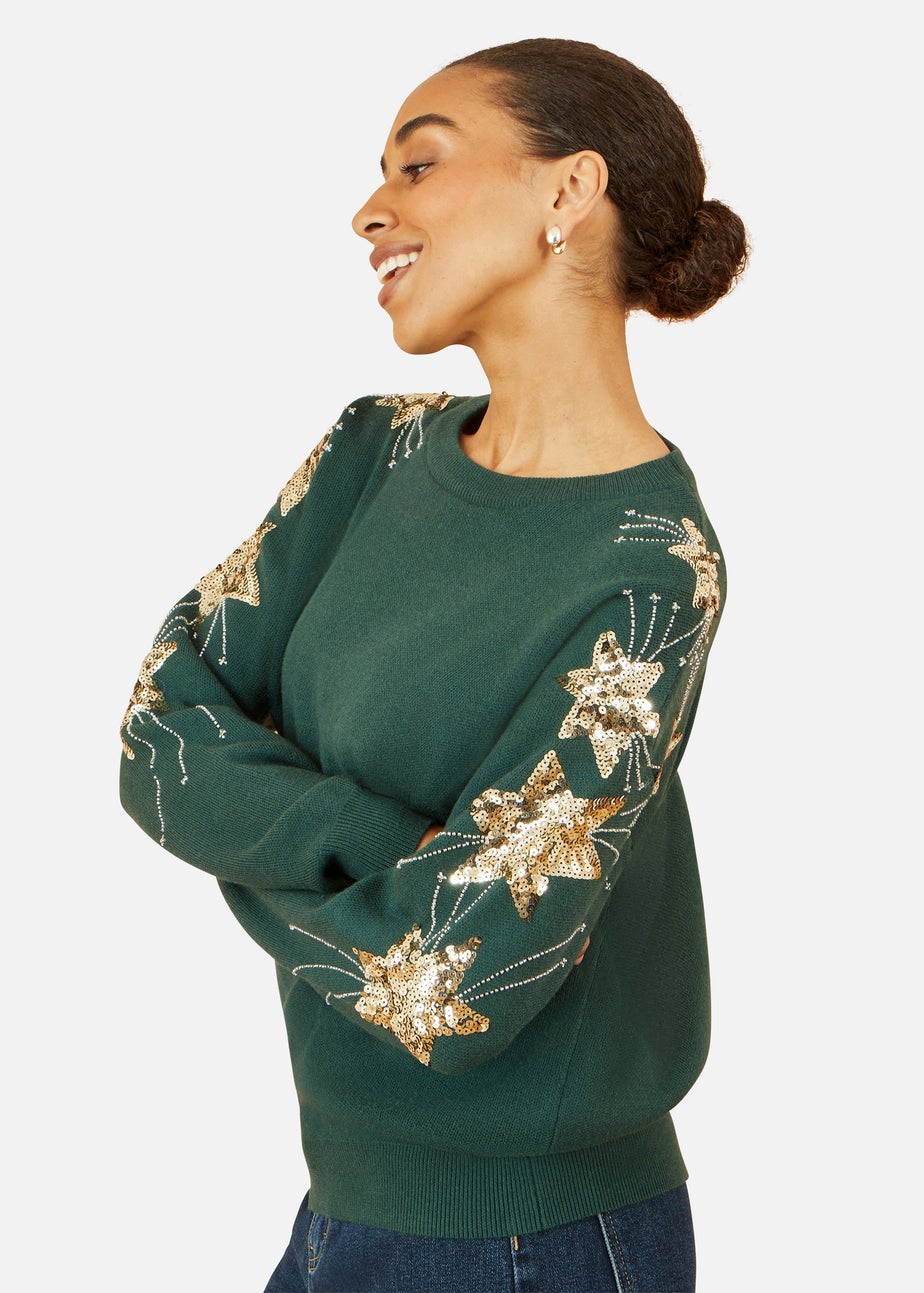 Yumi Green Relaxed Fit Jumper With Sequin Star Sleeves