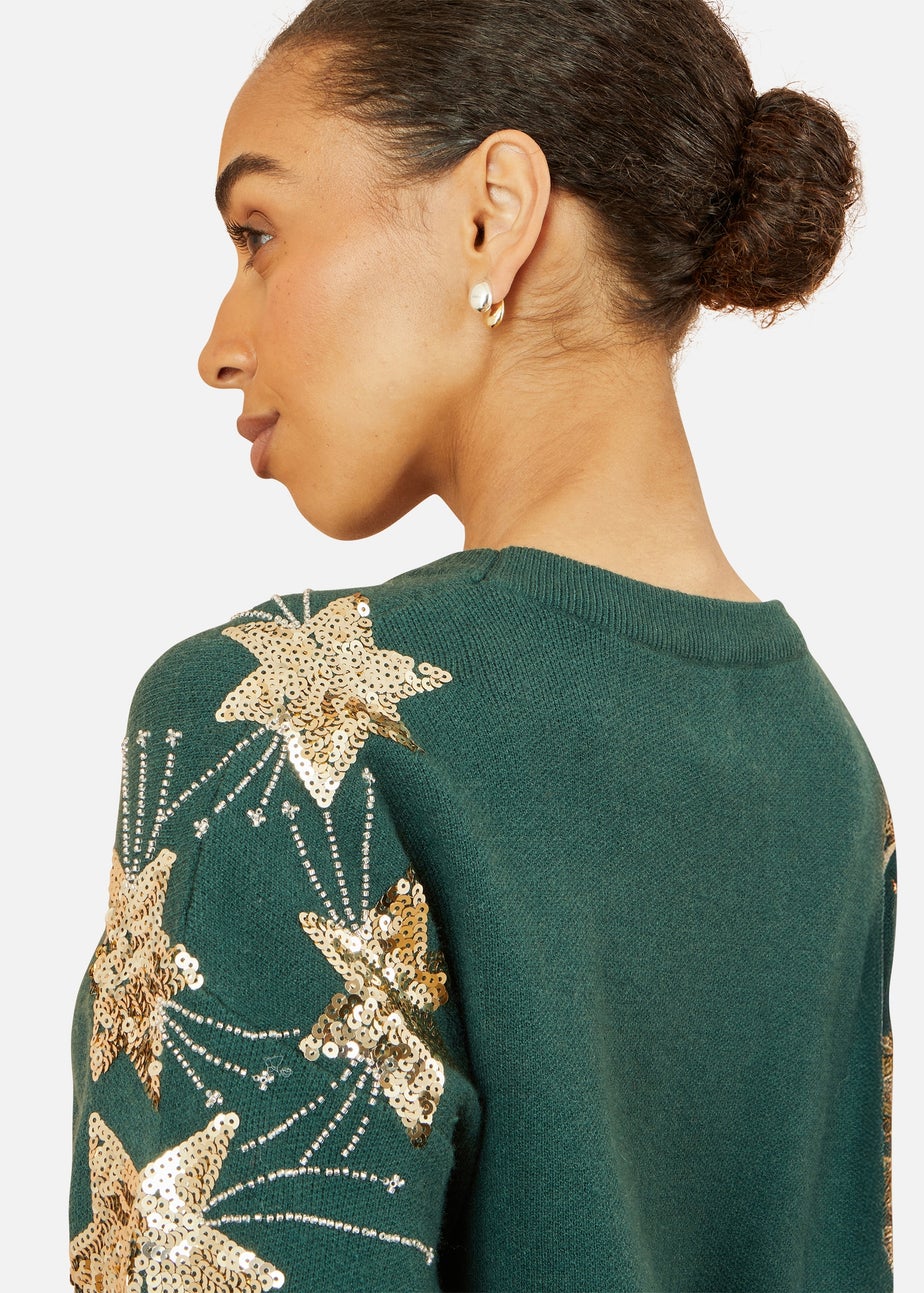 Yumi Green Relaxed Fit Jumper With Sequin Star Sleeves
