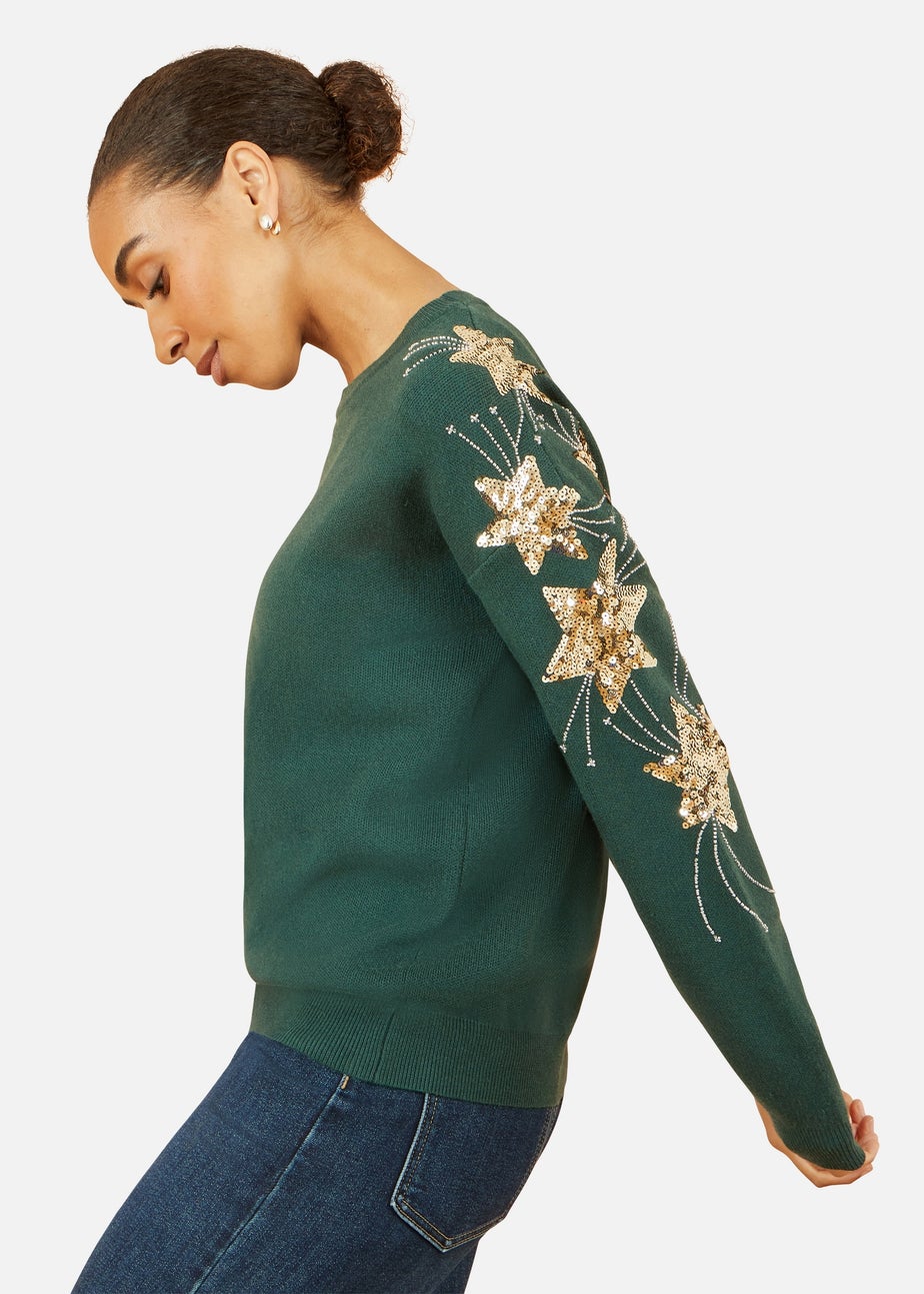 Yumi Green Relaxed Fit Jumper With Sequin Star Sleeves