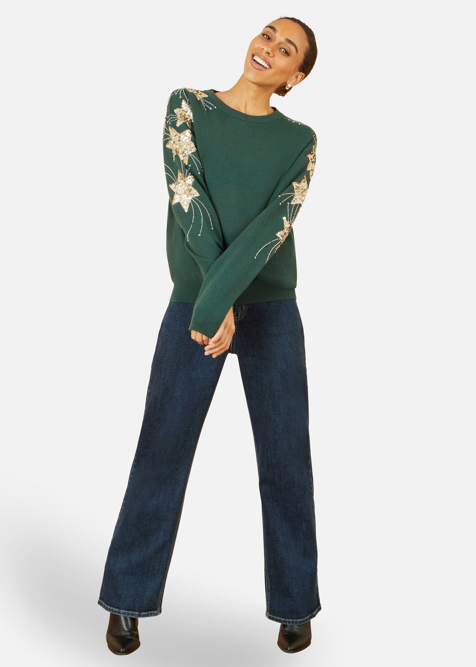 Yumi Green Relaxed Fit Jumper With Sequin Star Sleeves