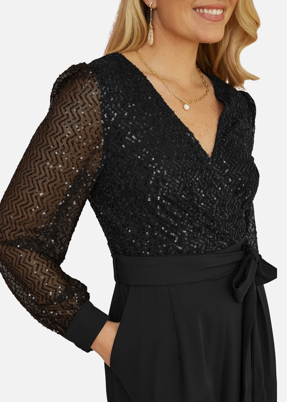 Yumi Black Sequin Jumpsuit With Long Sleeves