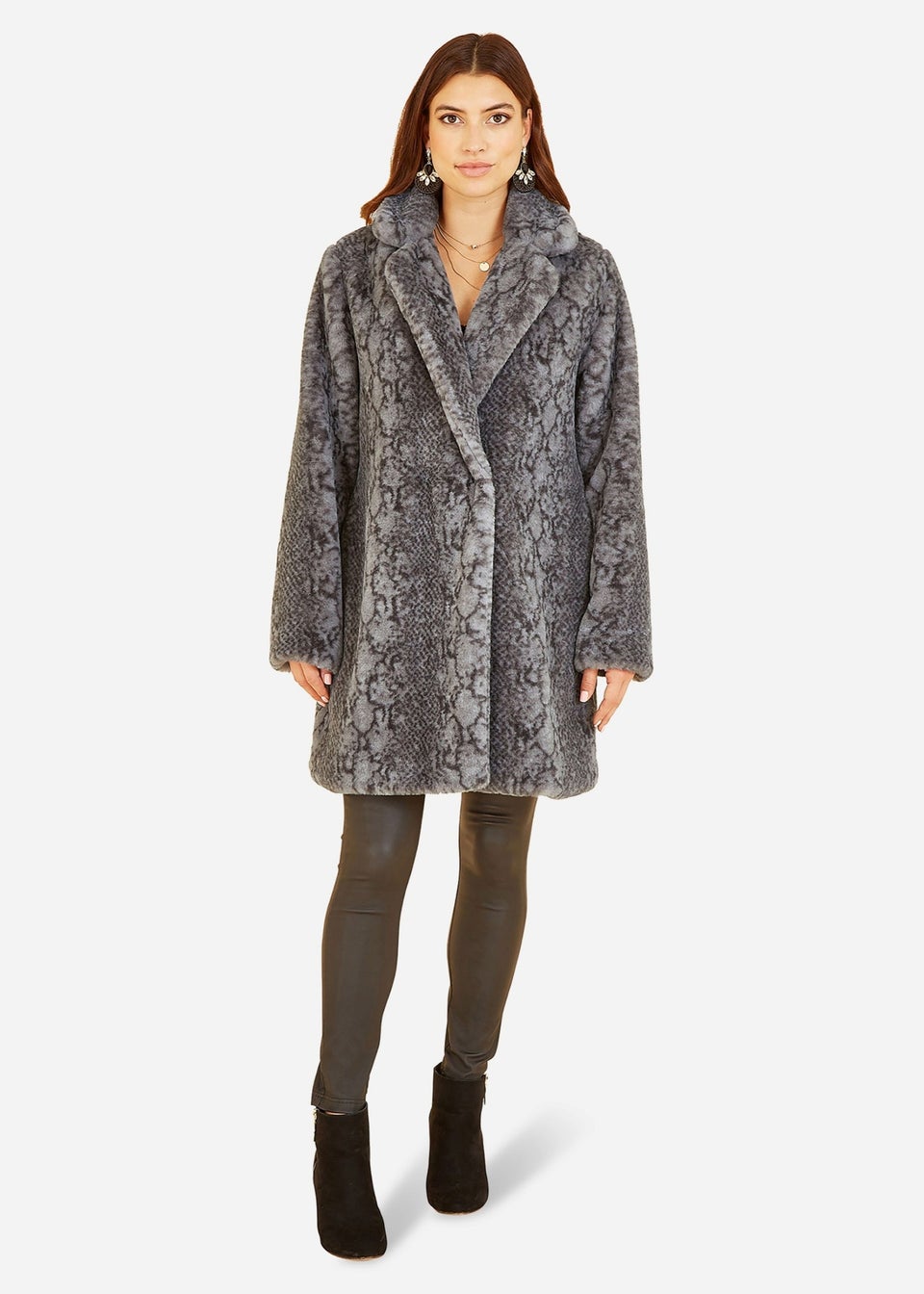 Yumi Grey Snakeskin Print Faux Fur Coat