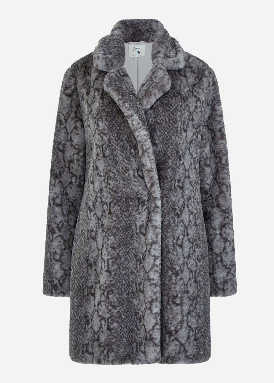 Yumi Grey Snakeskin Print Faux Fur Coat