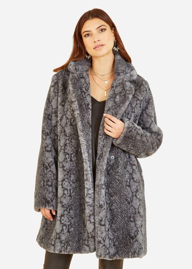 Yumi Grey Snakeskin Print Faux Fur Coat