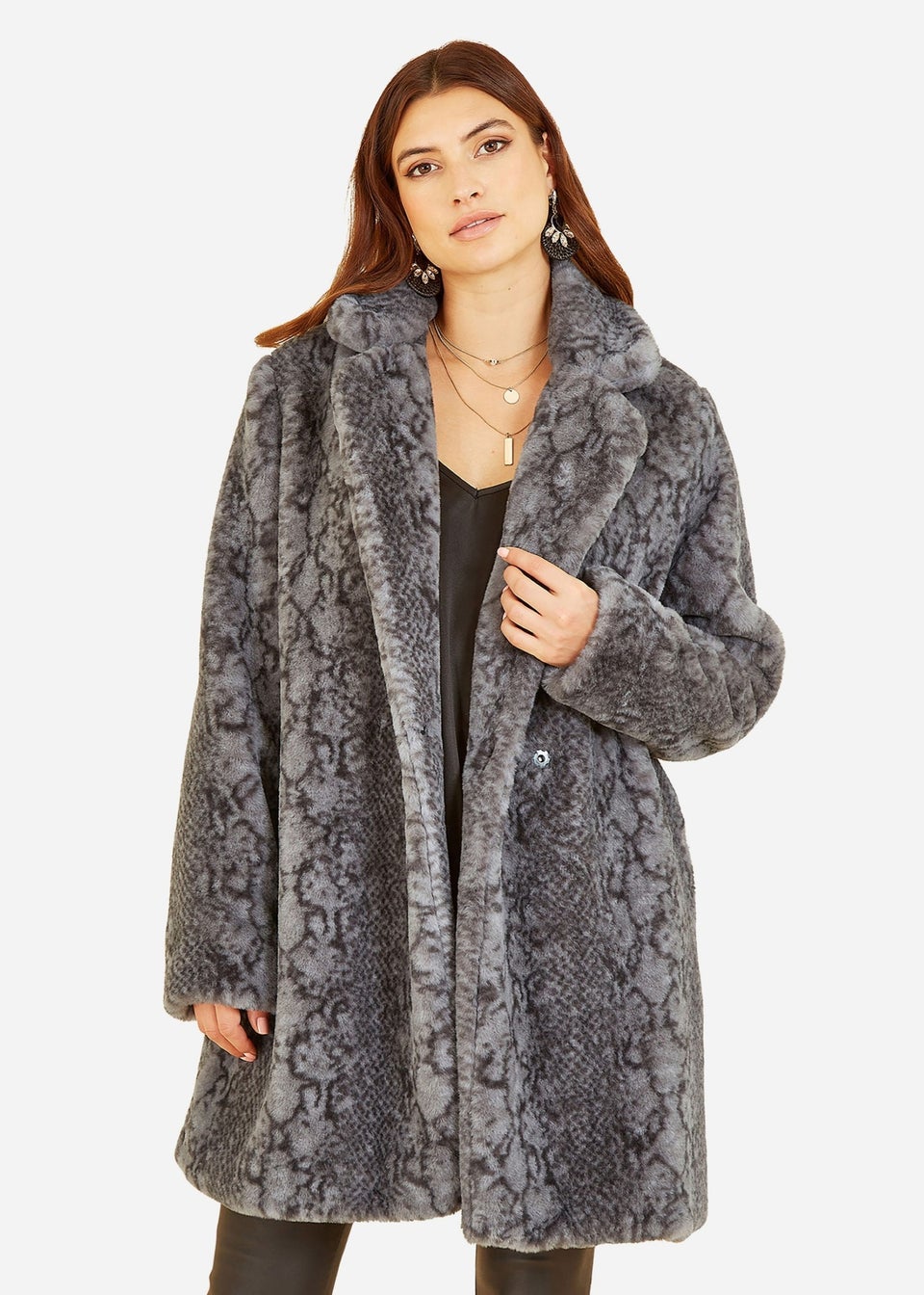 Yumi Grey Snakeskin Print Faux Fur Coat