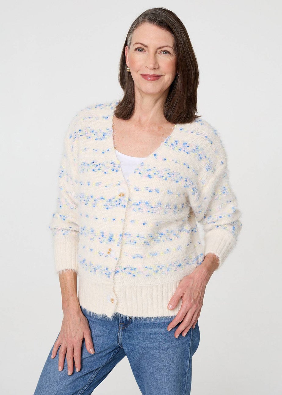 Izabel London Blue Printed Textured Knit Cardigan