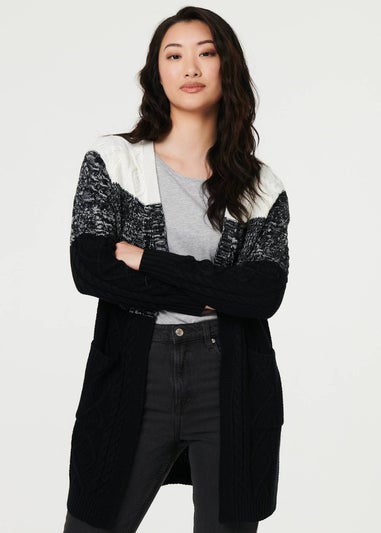 Izabel London Grey Colour Block Textured Longline Cardigan