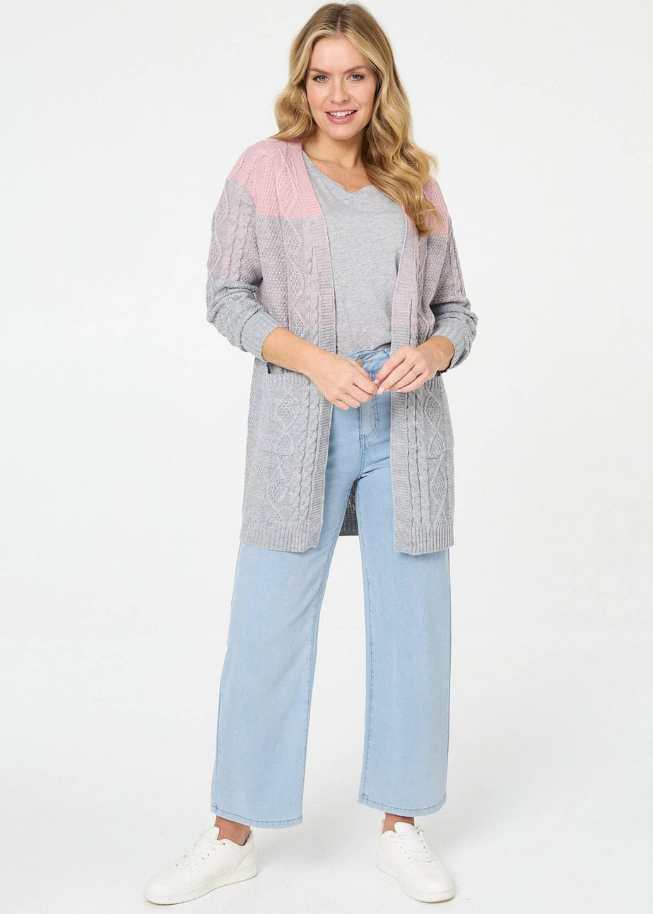 Izabel London Grey Colour Block Textured Longline Cardigan