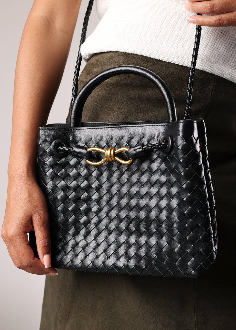 Where's That From Luna Black Woven PU Tote Bag Gold Detail