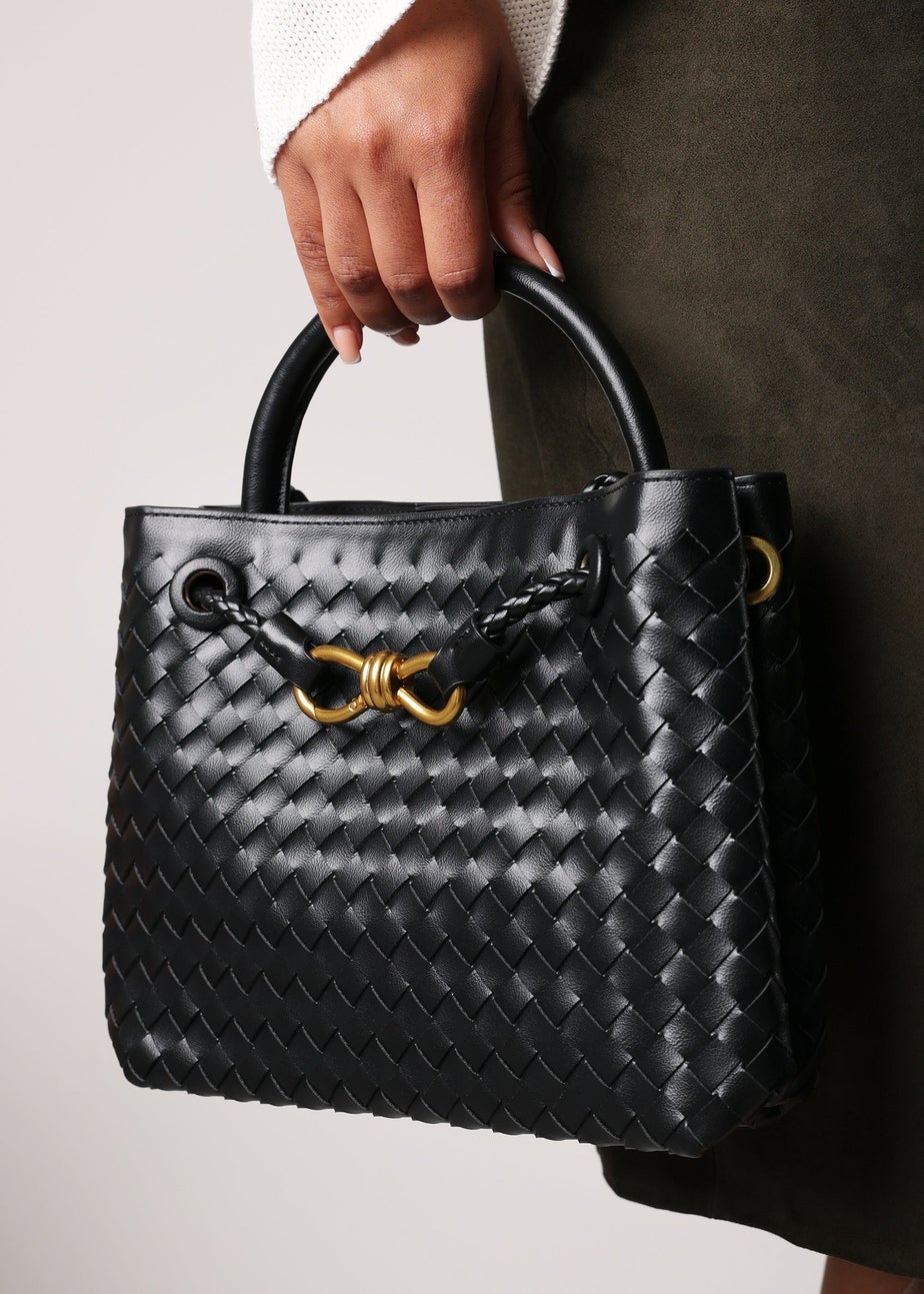 Where's That From Luna Black Woven PU Tote Bag Gold Detail