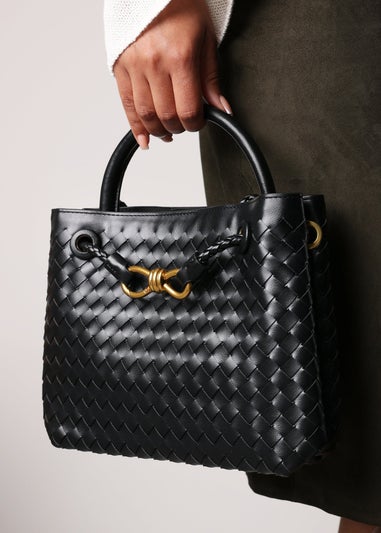 Where's That From Luna Black Woven PU Tote Bag Gold Detail