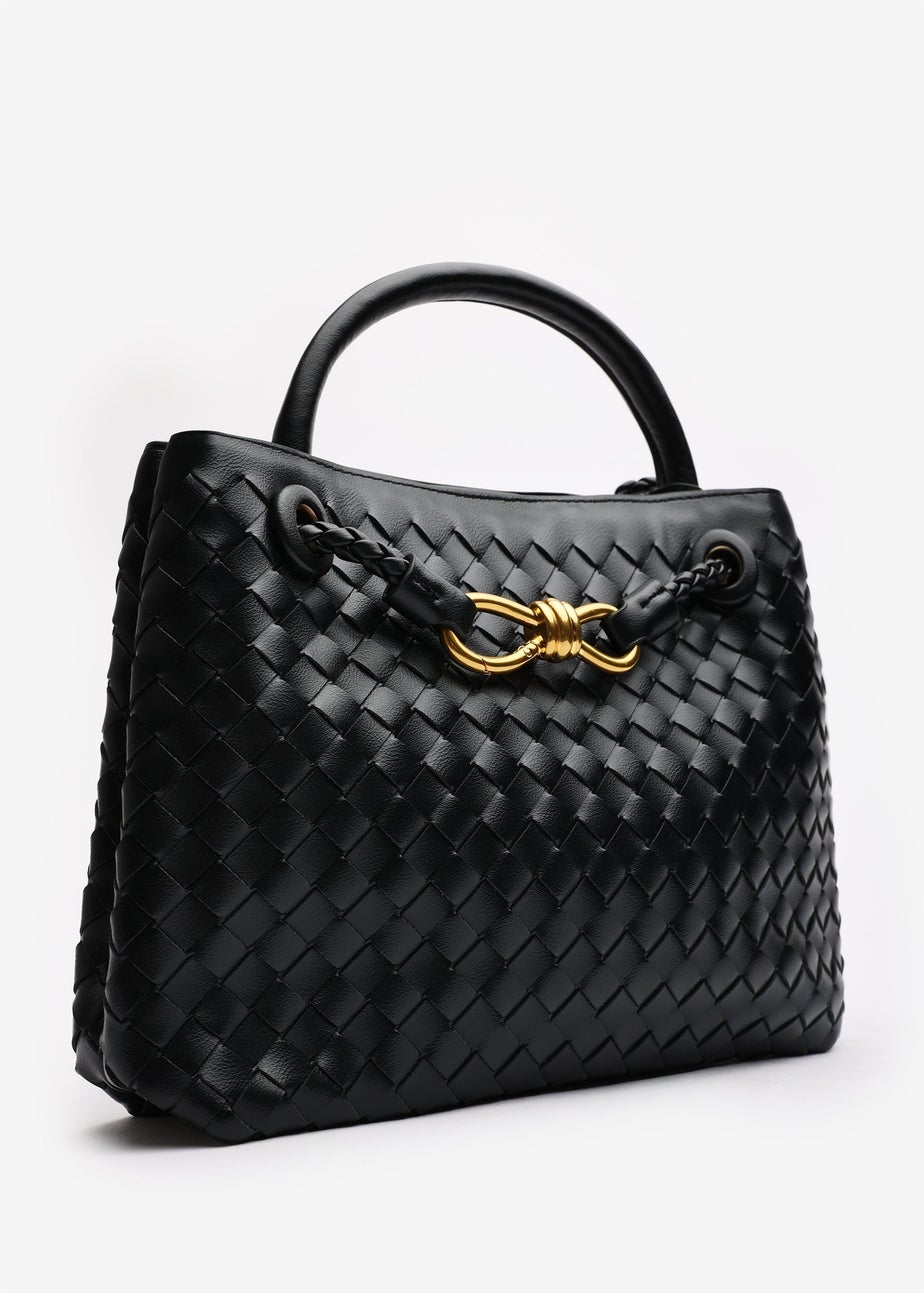 Where's That From Luna Black Woven PU Tote Bag Gold Detail