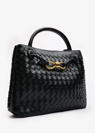 Where's That From Luna Black Woven PU Tote Bag Gold Detail