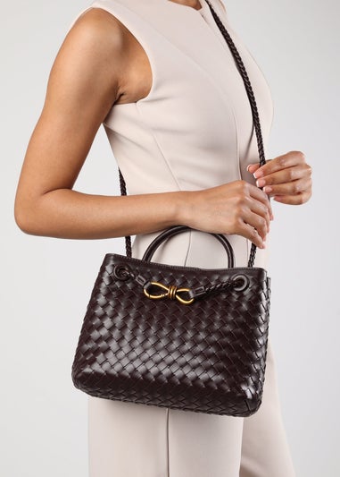 Where's That From Luna Brown Woven PU Tote Bag Gold Detail