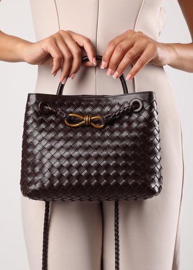 Where's That From Luna Brown Woven PU Tote Bag Gold Detail