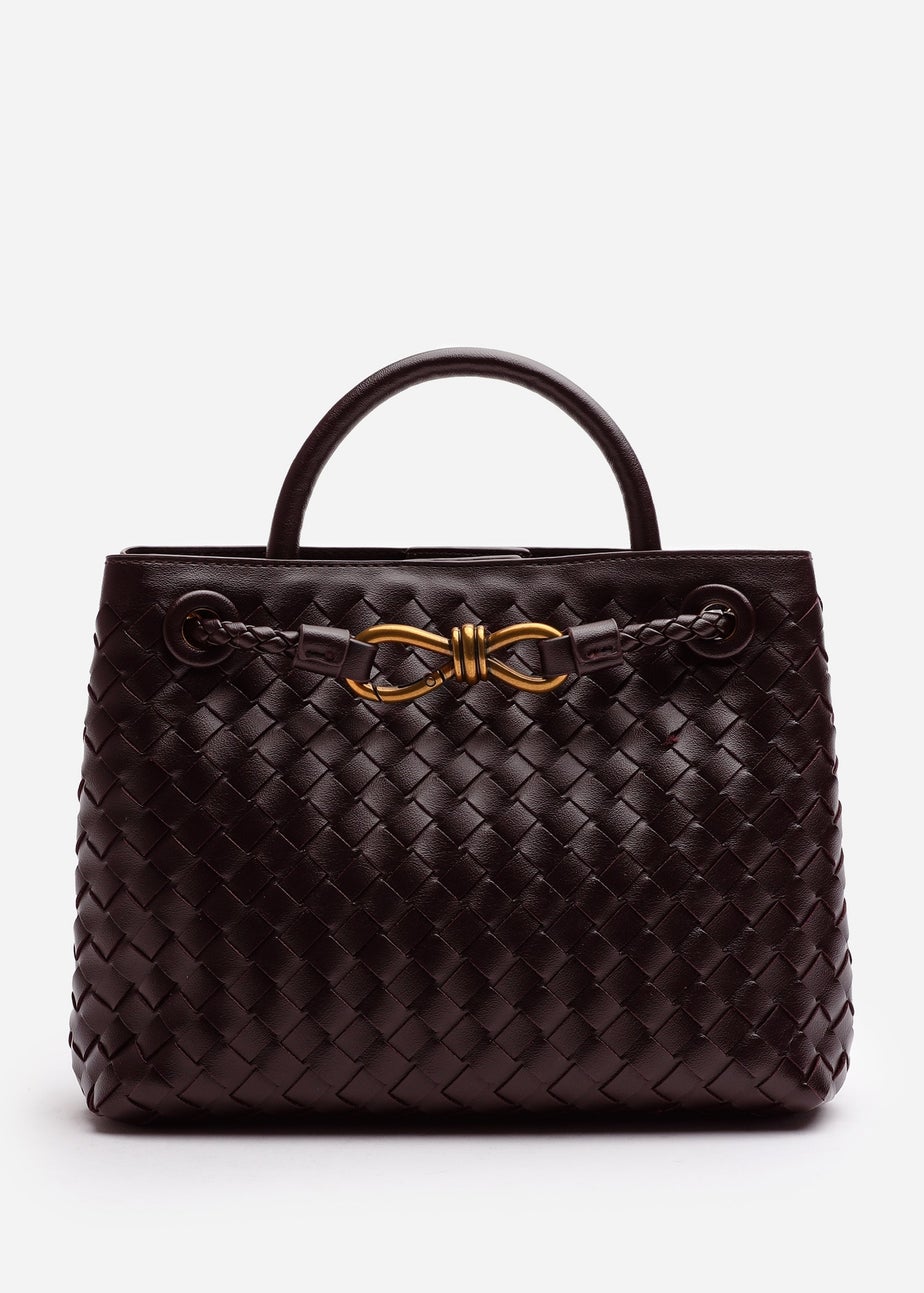 Where's That From Luna Brown Woven PU Tote Bag Gold Detail