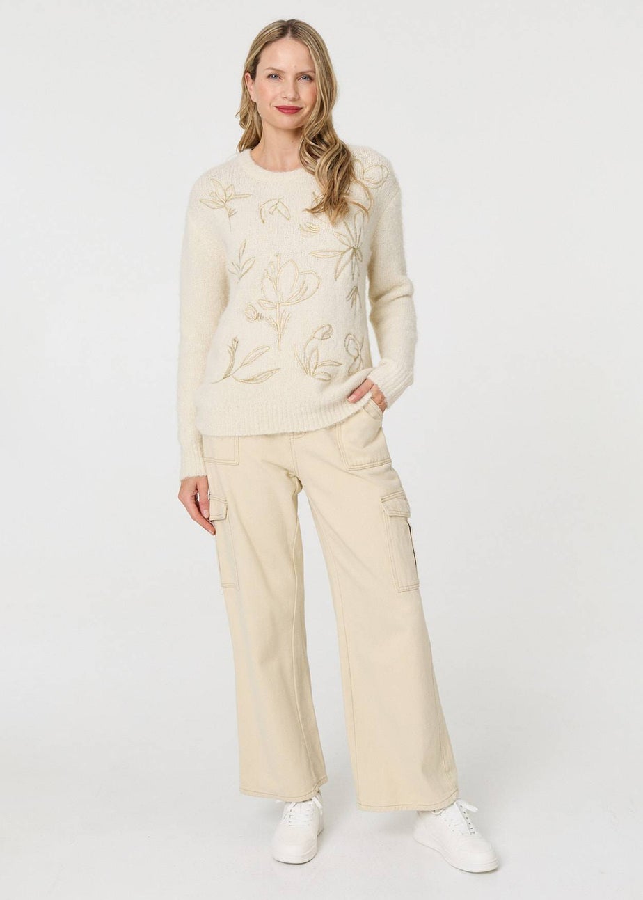 Izabel London Cream Floral Embroidered Textured Jumper