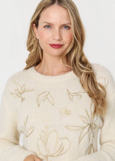 Izabel London Cream Floral Embroidered Textured Jumper