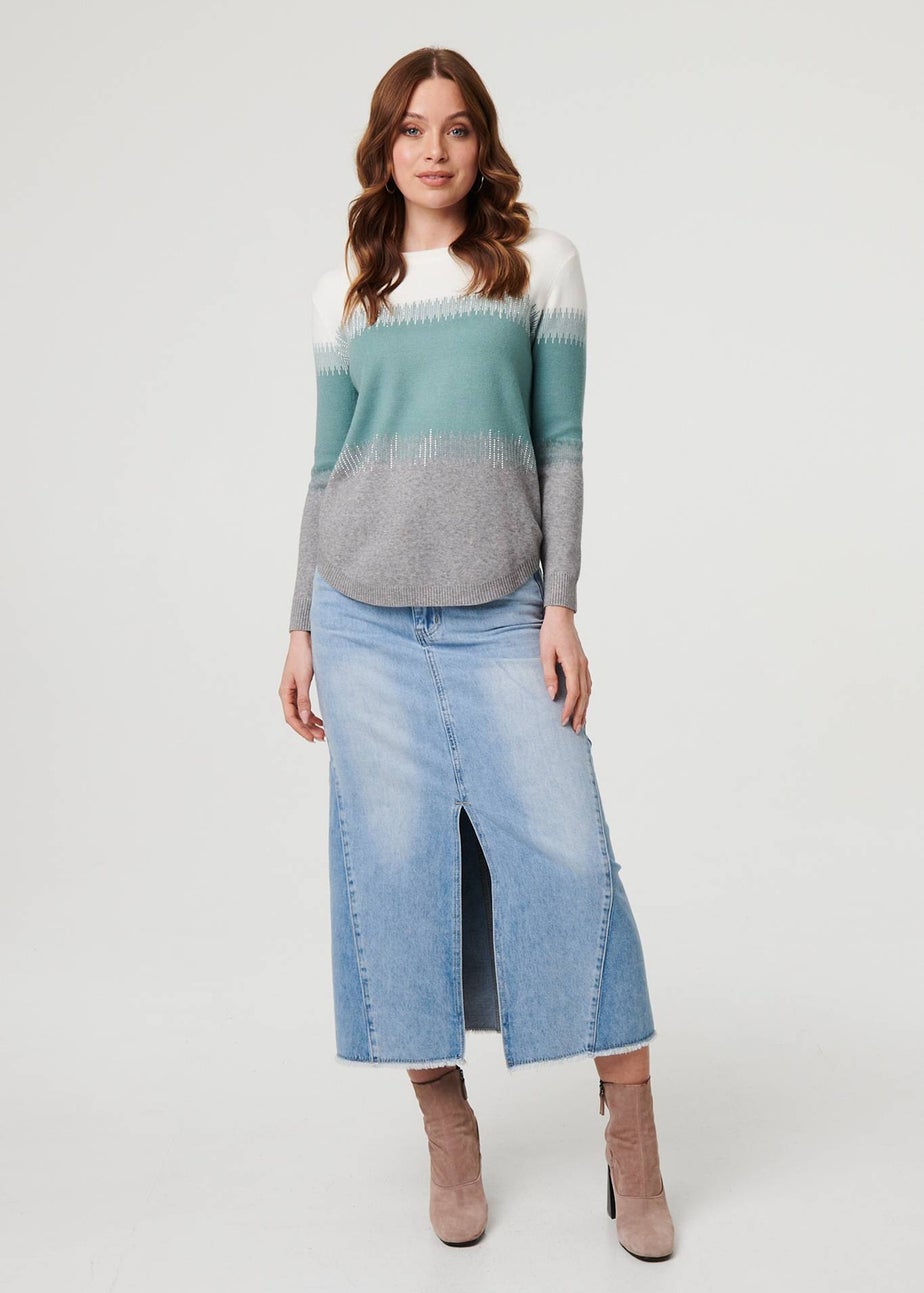 Izabel London Green Sparkly Colour Block Curve Hem Jumper