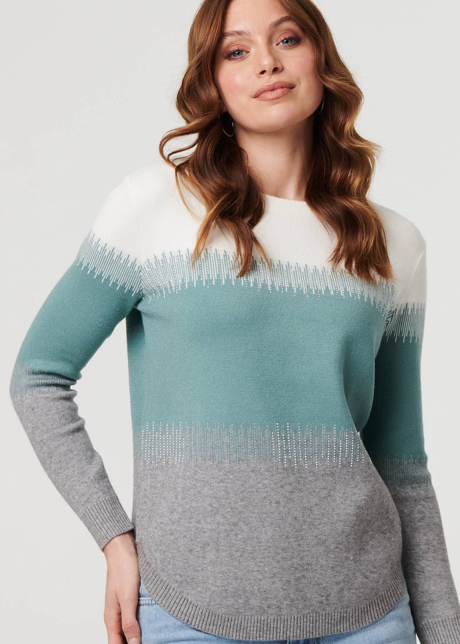 Izabel London Green Sparkly Colour Block Curve Hem Jumper