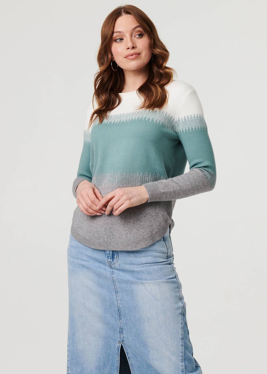 Izabel London Green Sparkly Colour Block Curve Hem Jumper