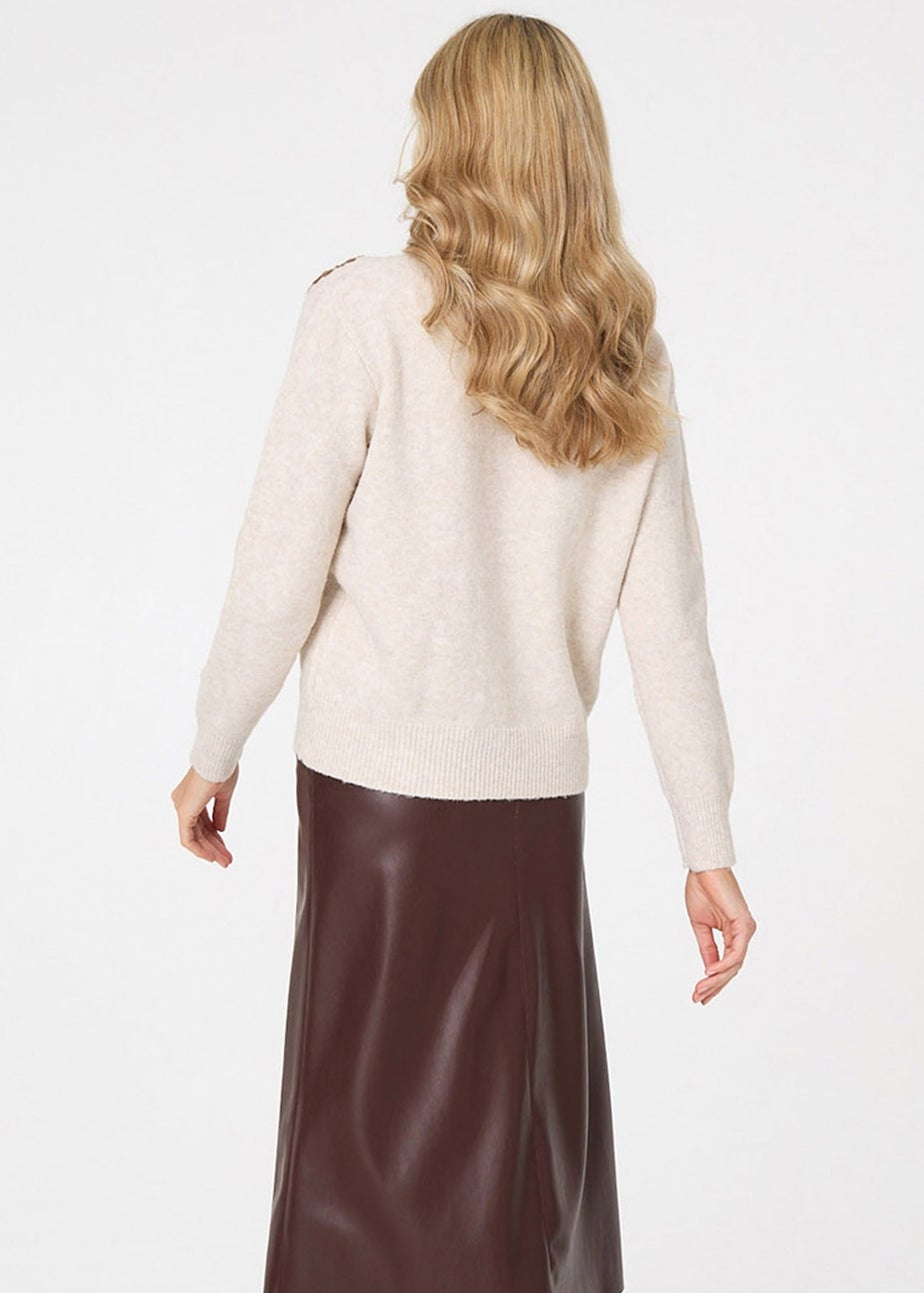 Izabel London Beige Floral Embroidered Detail V-Neck Jumper