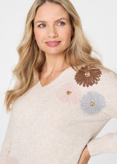 Izabel London Beige Floral Embroidered Detail V-Neck Jumper