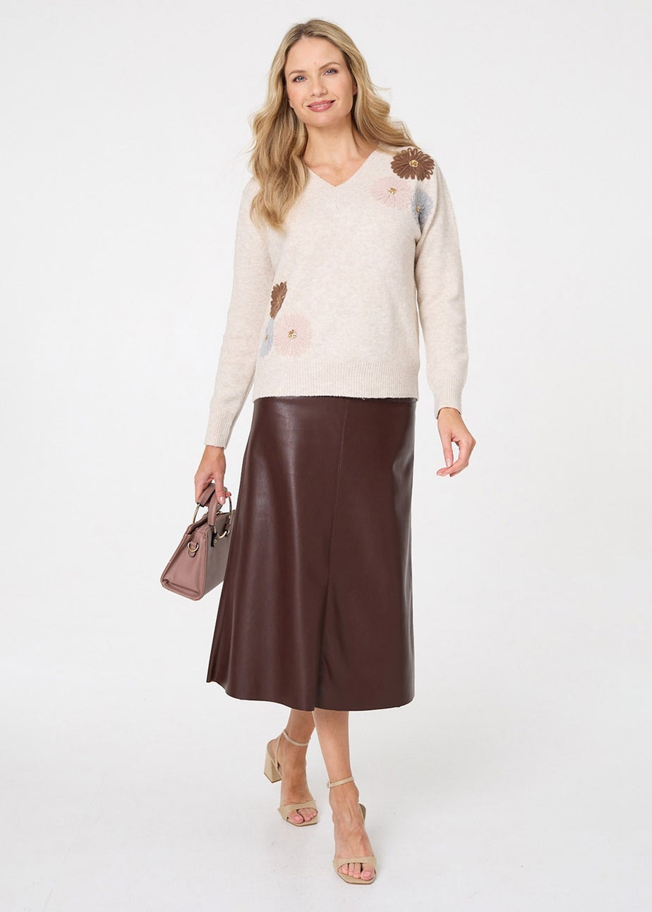 Izabel London Beige Floral Embroidered Detail V-Neck Jumper