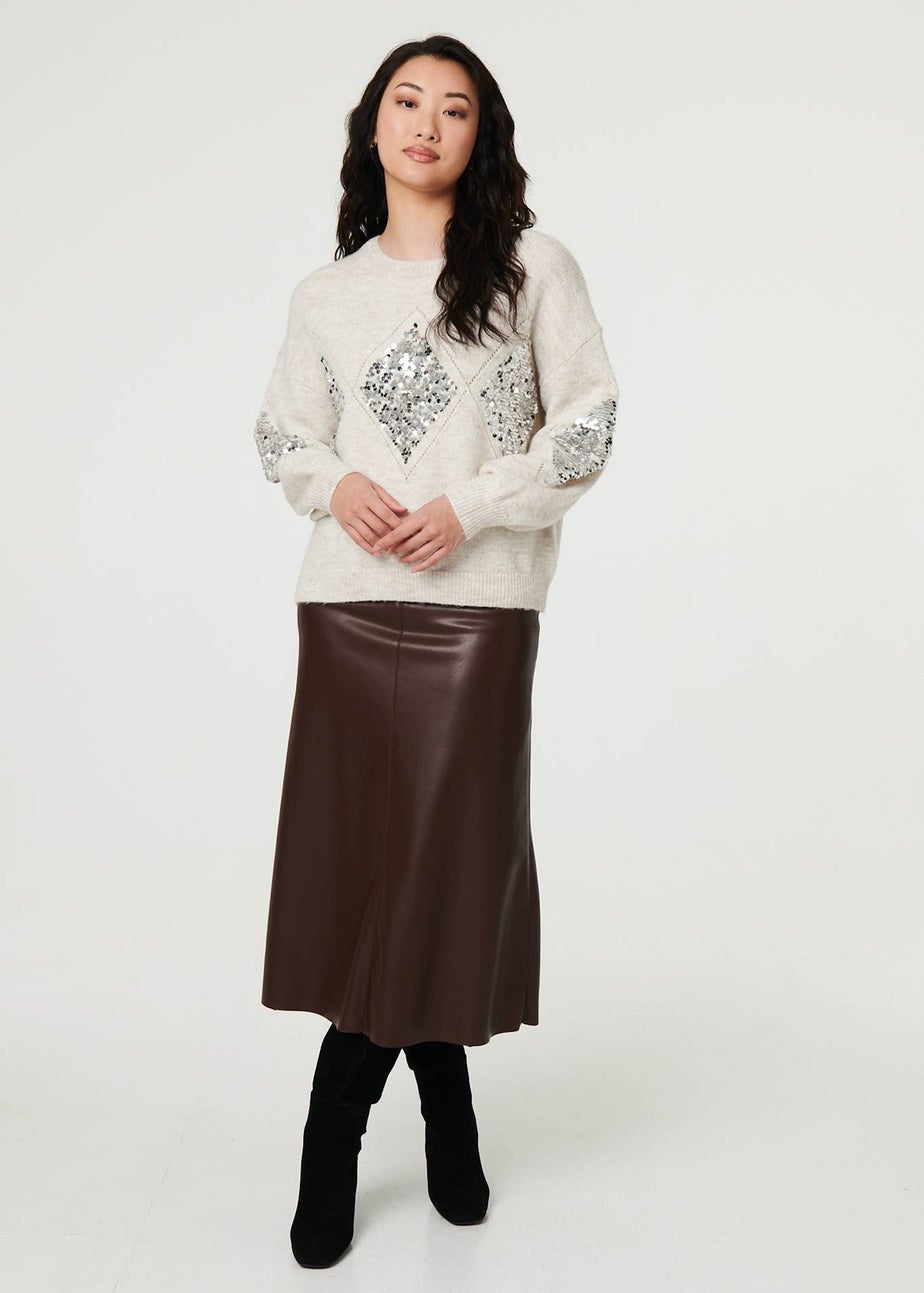Izabel London Beige Sequin Diamond Detail Relaxed Jumper