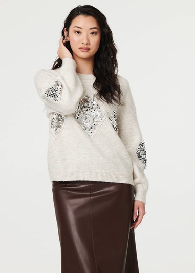 Izabel London Beige Sequin Diamond Detail Relaxed Jumper