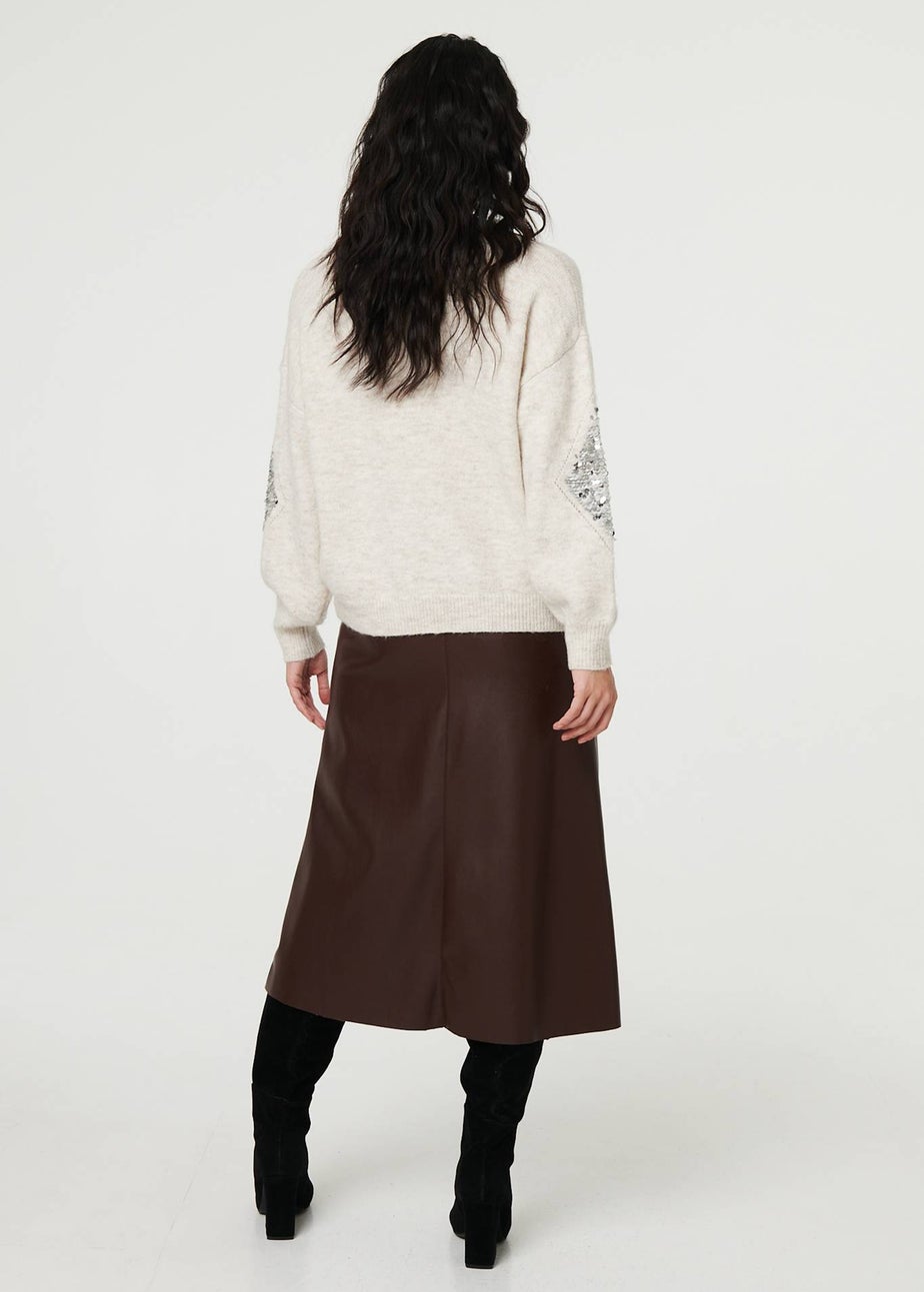 Izabel London Beige Sequin Diamond Detail Relaxed Jumper