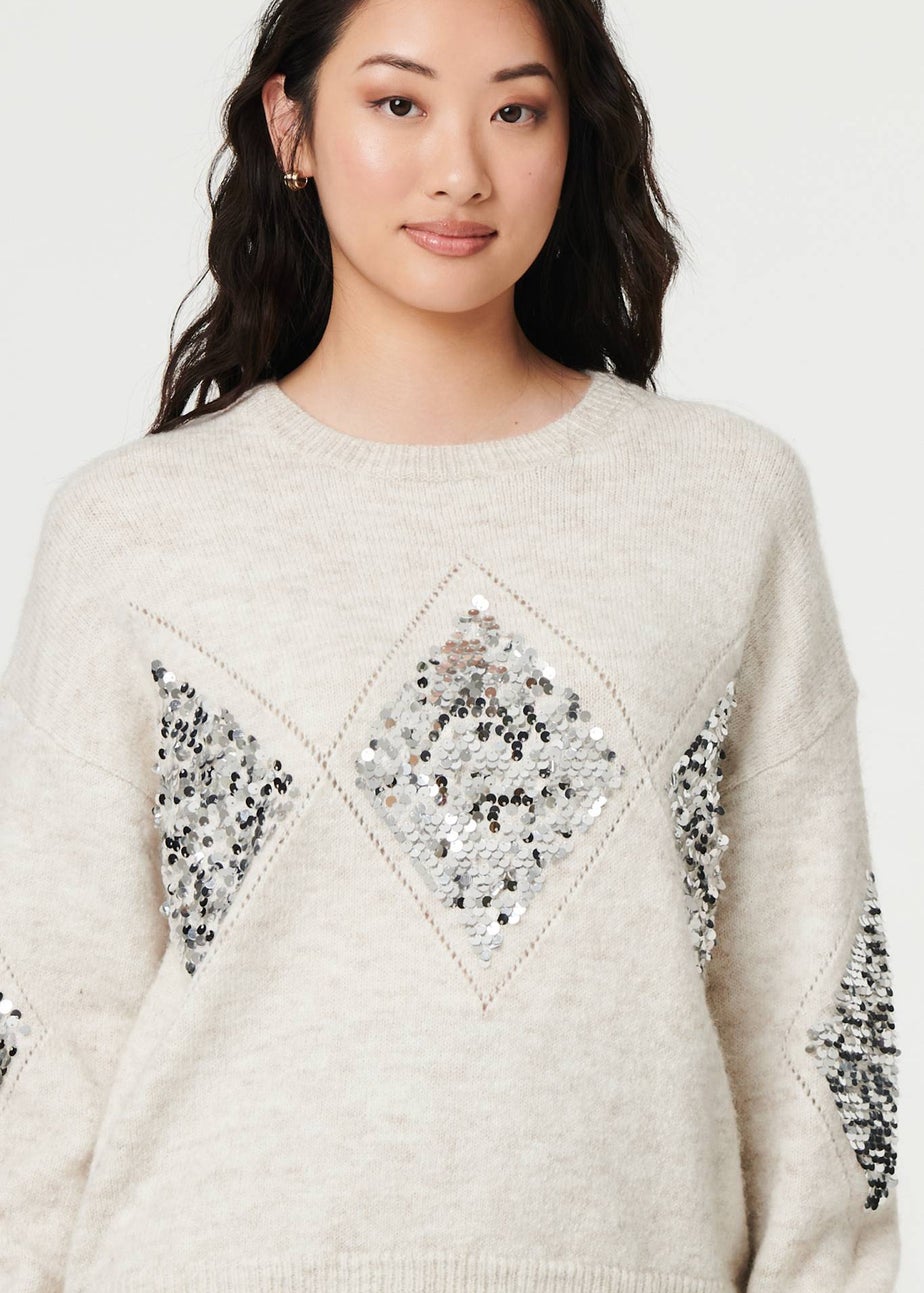 Izabel London Beige Sequin Diamond Detail Relaxed Jumper