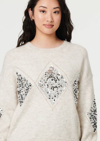 Izabel London Beige Sequin Diamond Detail Relaxed Jumper